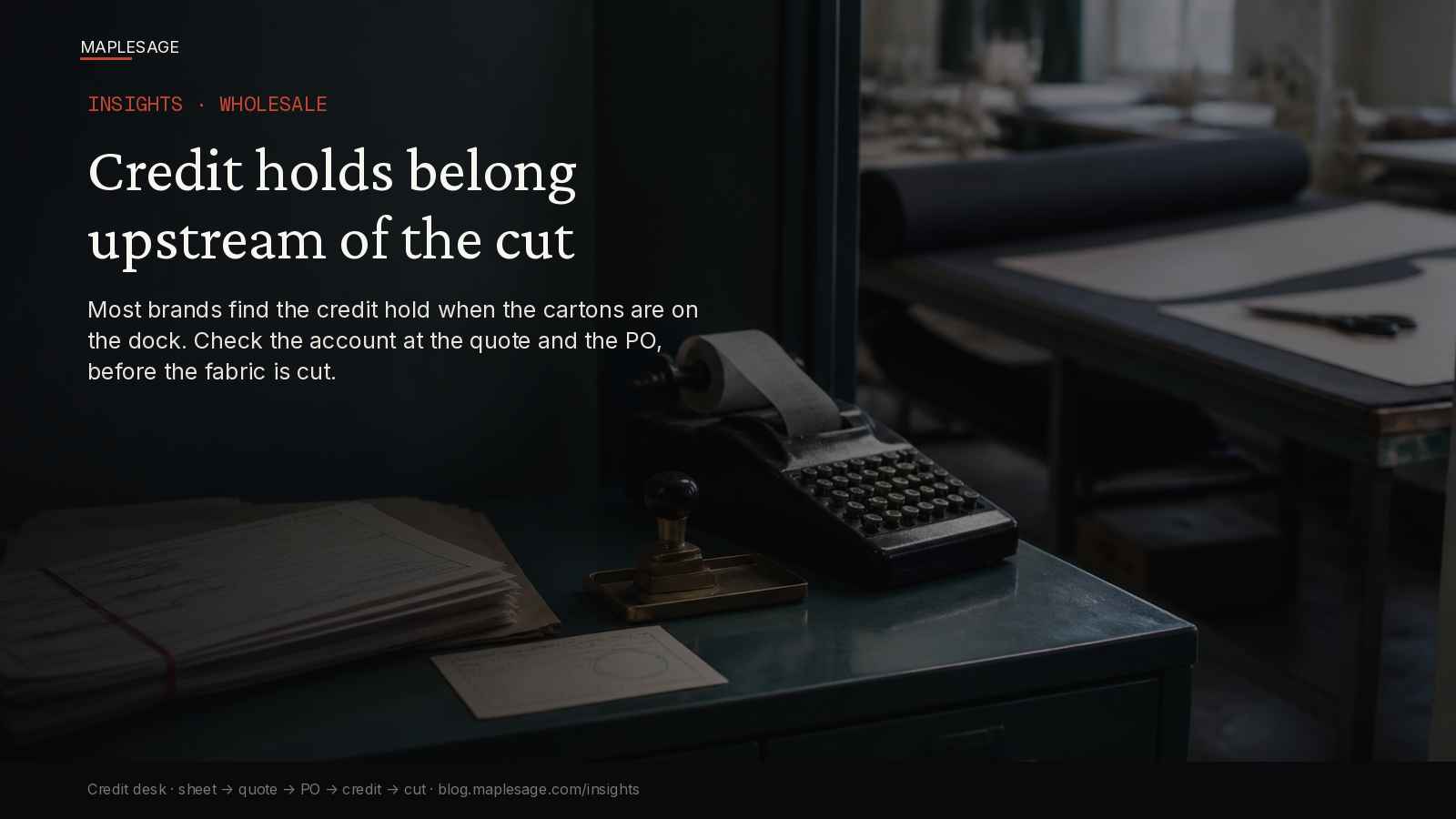 A teal-green steel desk beside the doorway to a fabric cutting room in cool morning light, with a cream credit approval card, a brass stamp holder, an old black adding machine with a curling paper tape and a red-banded stack of wholesale purchase orders in the foreground, and a long cutting table with a partly unrolled bolt of charcoal wool and untouched tailor's shears in soft focus through the doorway