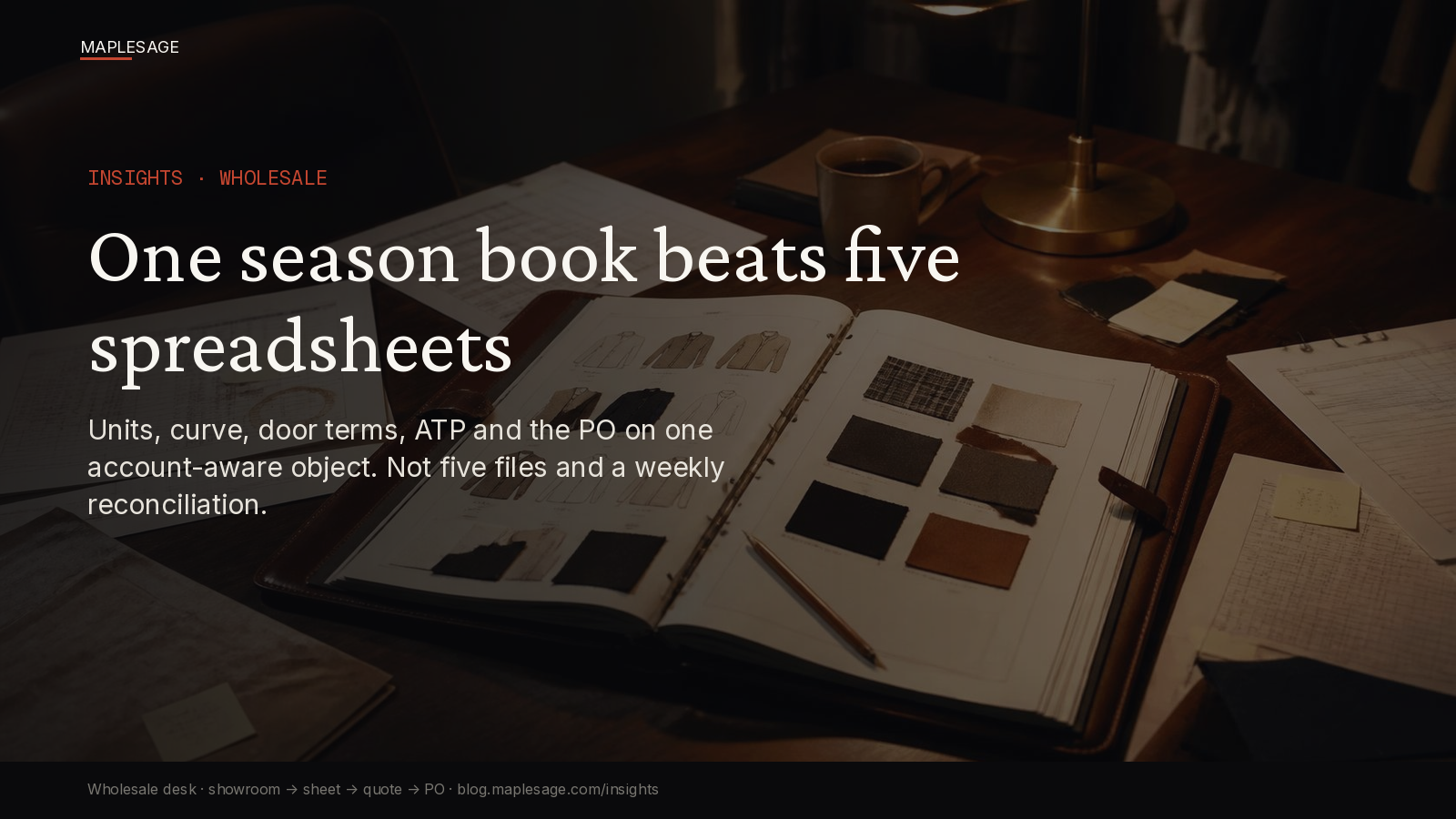 One season book on the wholesale desk, with five reconciled spreadsheets pushed to the edge of the table