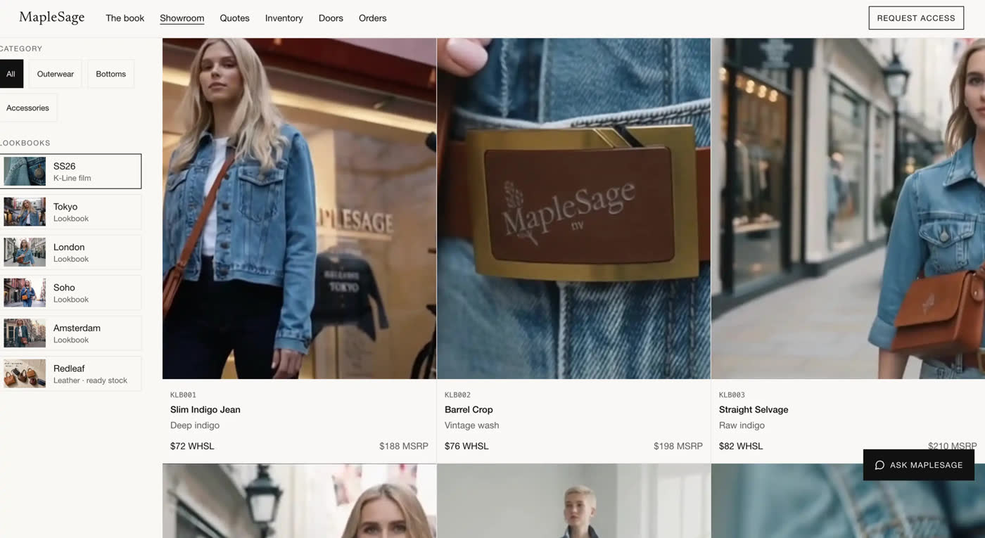 MapleSage showroom — account-aware collection for the buying appointment