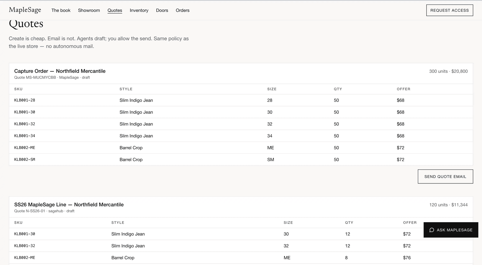 MapleSage Quotes — draft quotes with units and send gate