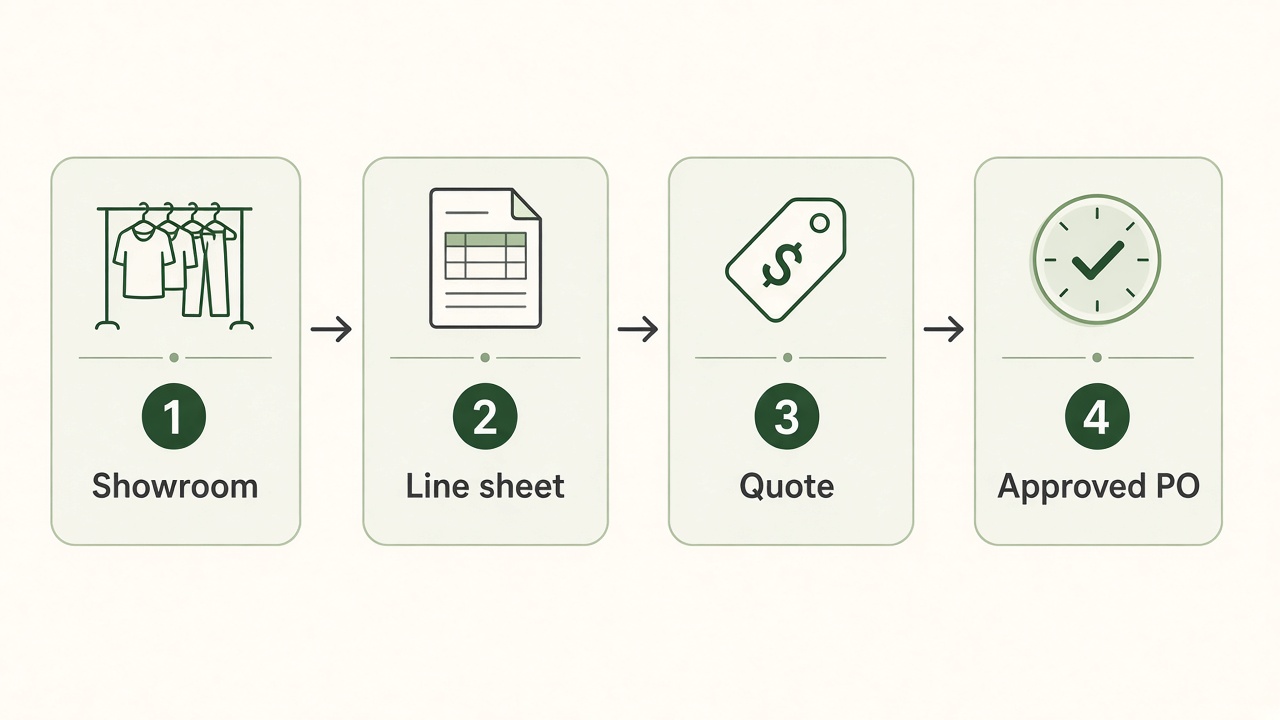 Diagram: Showroom → Line sheet → Quote → Approved PO