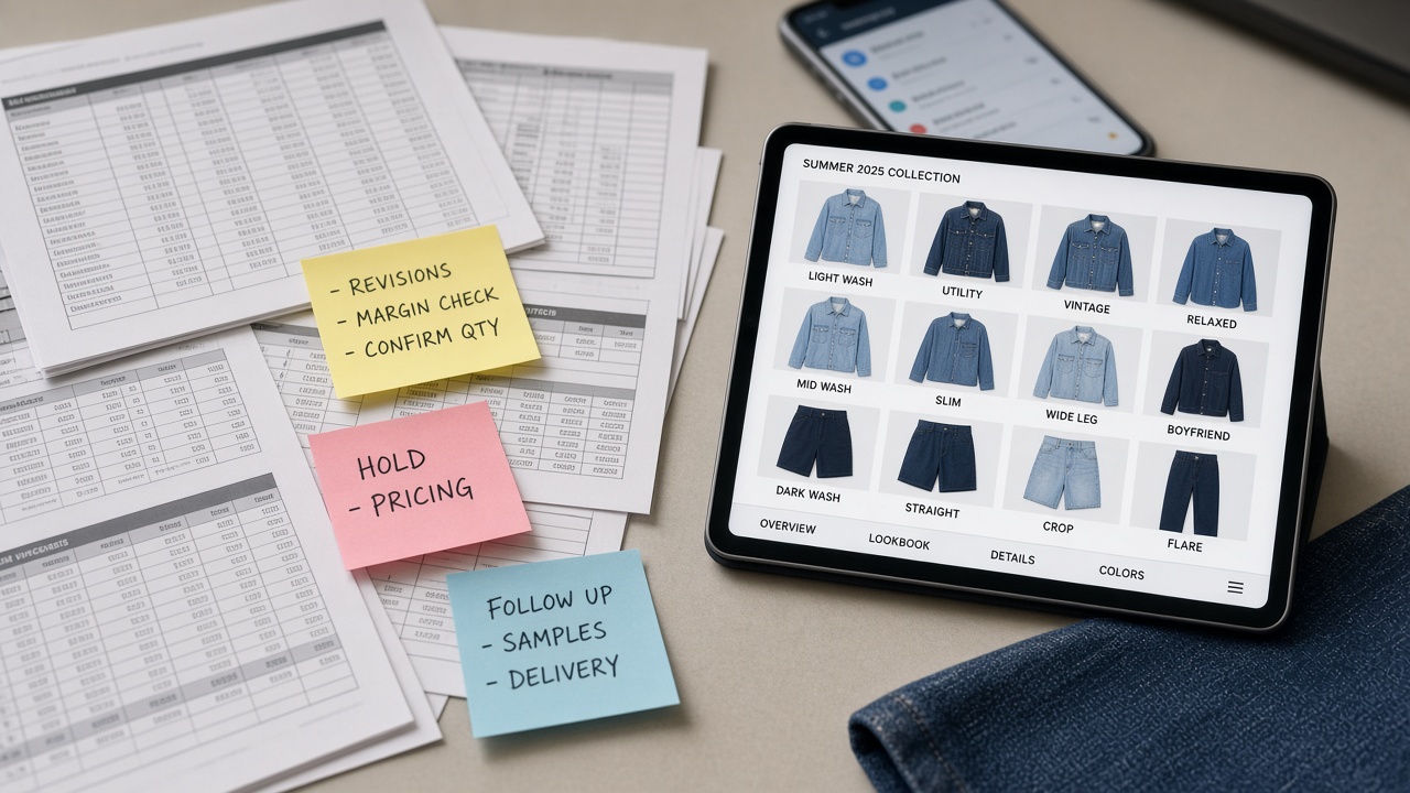 Inline: tablet catalog beside printed spreadsheets and sticky notes