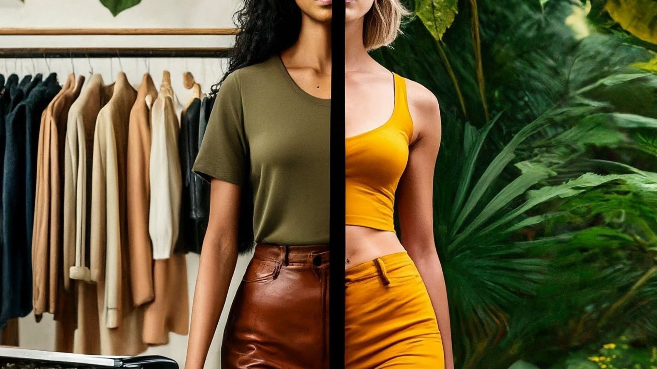 Here is a split image that visually contrasts two different retail experiences. On one side, it depicts the chaotic atmosphere of a traditional Black Friday shopping scene, and on the other, it shows a serene and confident model in a sustainable fashion store with a natural, eco-friendly backdrop. This image highlights the changing dynamics in the retail world, from the hectic nature of conventional shopping to a more peaceful and sustainable approach.
