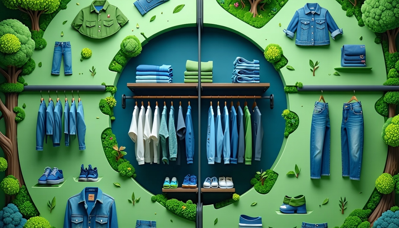 Circular fashion visualization Clothing items transforming through recycling processes enhanced by AI optimization Green and blue color scheme Title A Greener Wardrobe-1