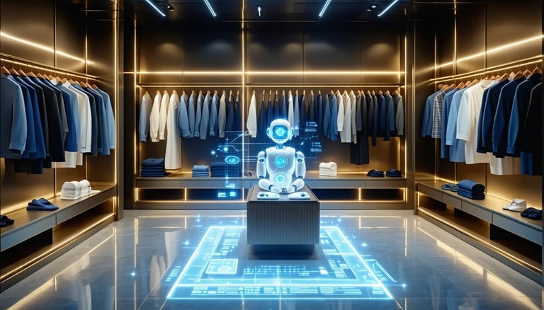Exclusive VIP fitting room with AIpowered personal styling consultation Holographic wardrobe options and datadriven recommendations displayed elegantly Title The Exclusive Algorithm-1