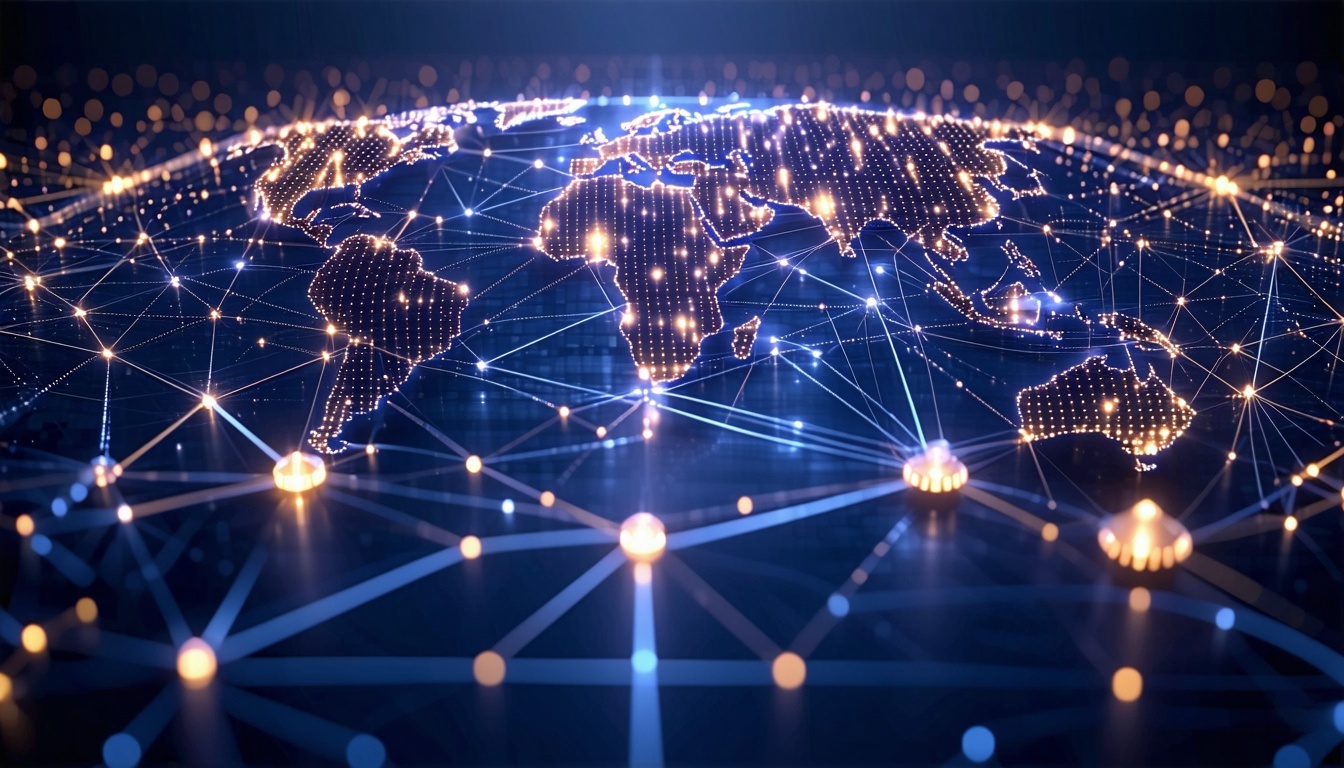 Interconnected global network visualization showing fashion products moving through an intelligent logistics system Glowing connection lines between major fashion capitals Title The Intelligent Network-1