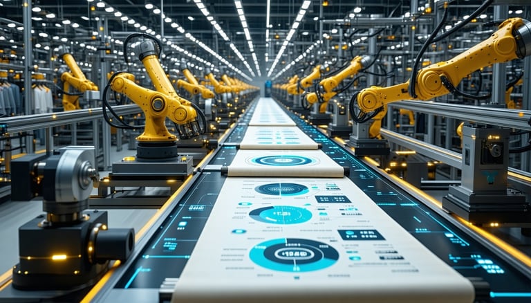 Smart factory visualization Robotic arms precisely cutting luxury fabrics while digital screens display realtime production metrics Warm industrial lighting with premium material textures Title Rise of the Smart Factory-1