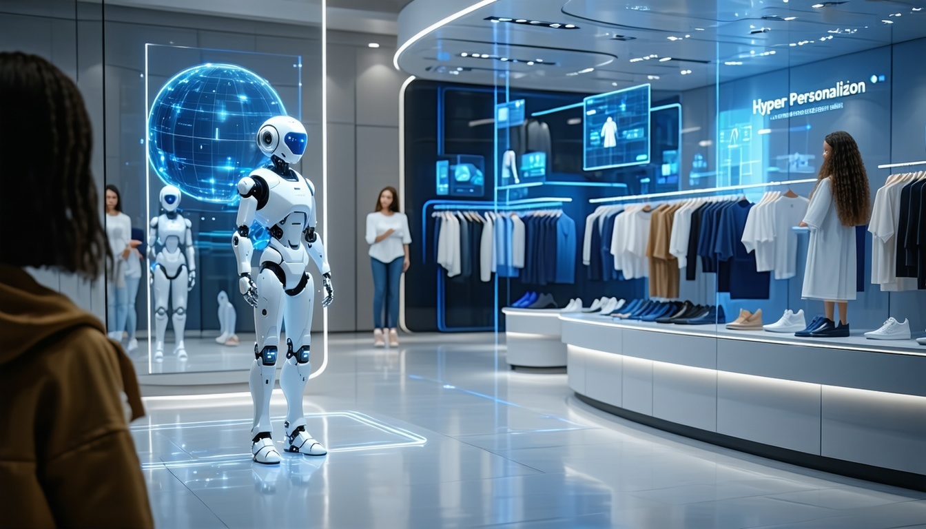 Sophisticated retail environment where AI avatars assist shoppers with personalized recommendations Augmented reality mirrors showing style variations Title HyperPersonalization-1