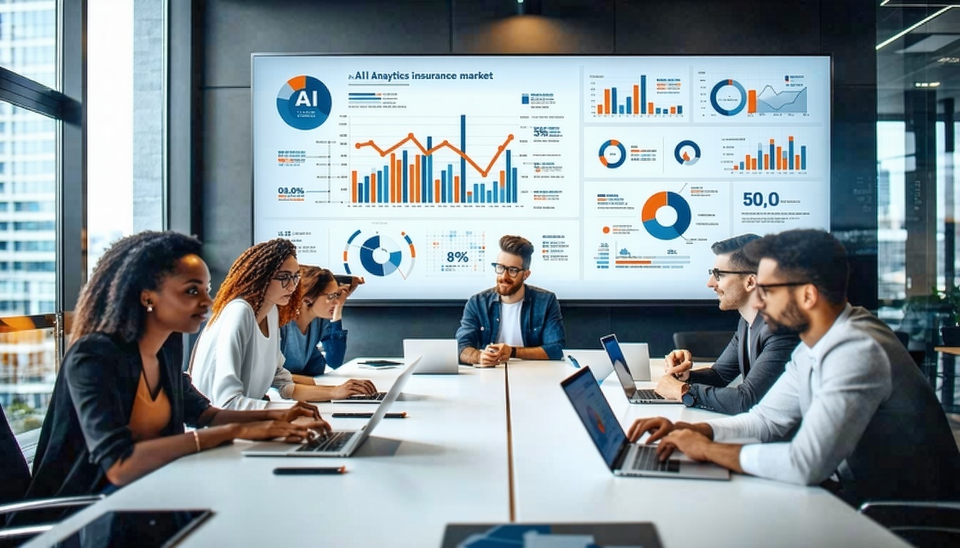 Team of people sitting on big desk with data charts in the back wall on big screen