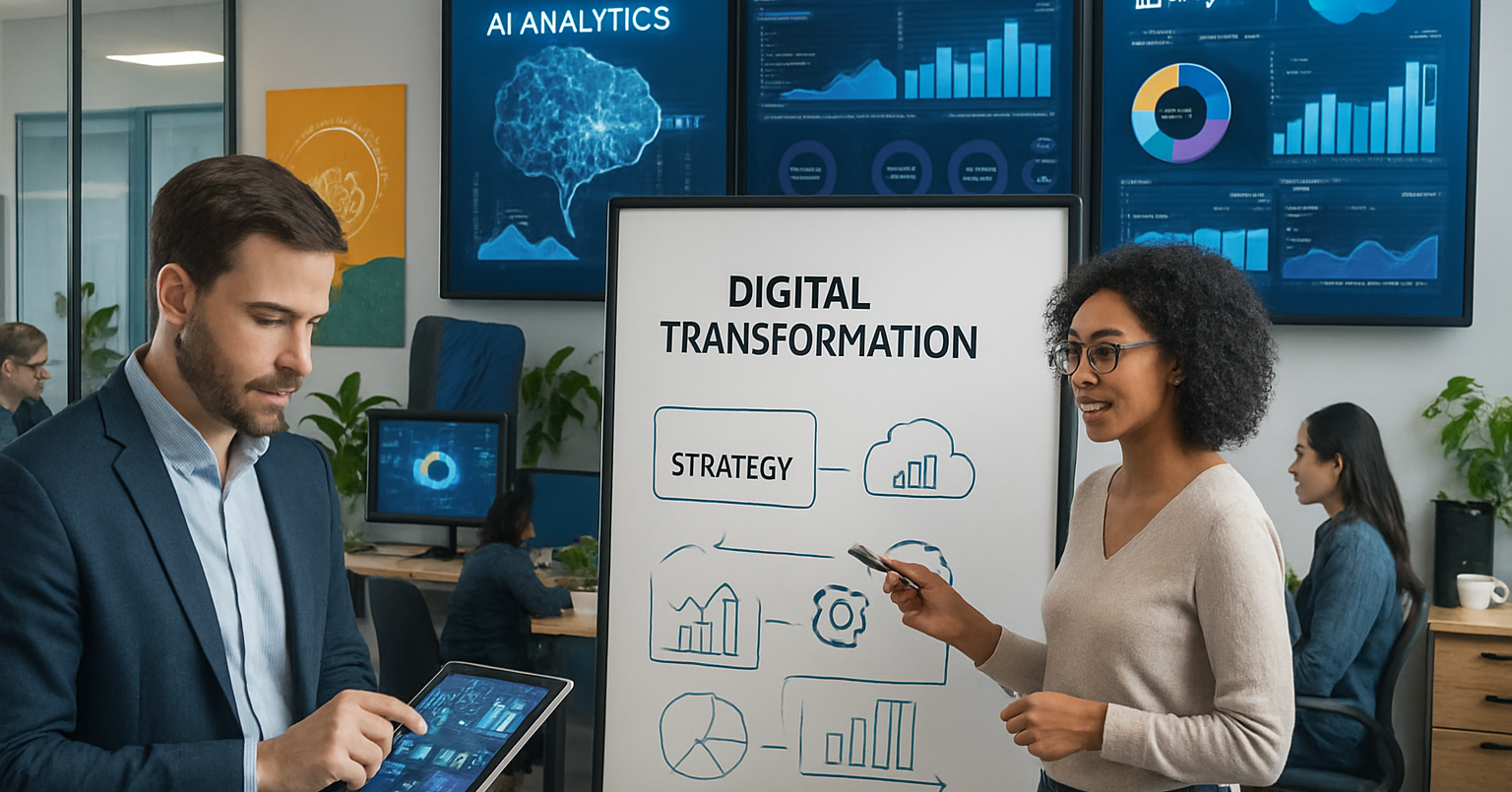 Man standing with iPad and lady pointing to whiteboard with title "Ai Digital Transformation"