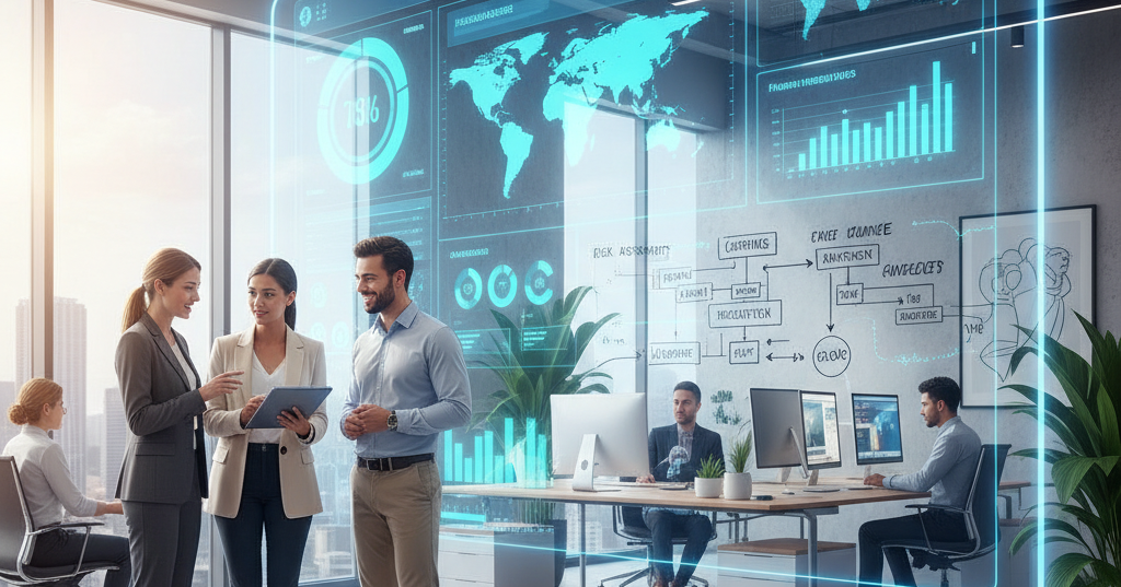 Modern office with team of three one man and two ladies standing and discussing 