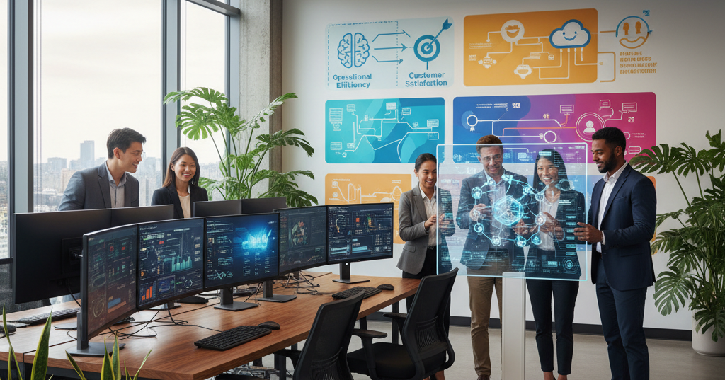 The image depicts a modern insurance office with a sleek, open-plan design. Bright, natural light floods the space through large windows, illuminating a row of collaborative workstations equipped with multiple monitors displaying data dashboards and analytics. 