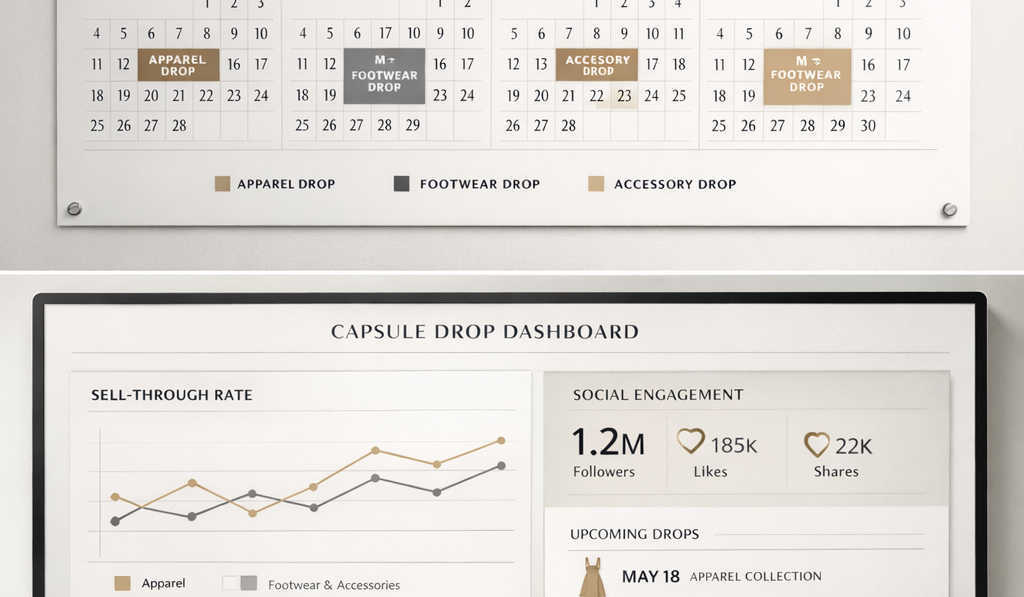 Highend fashion brand planning studio wall calendar and digital dashboard showing AIoptimized capsule drop dates for apparel footwear and luxury acces-1