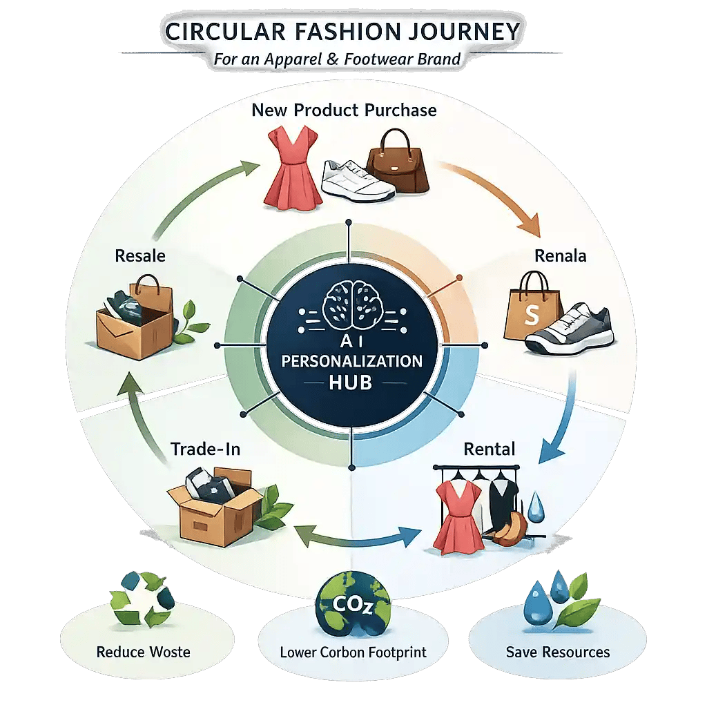 A circular fashion journey diagram showing new purchases, resale, rental, and trade-in loops connected by an AI personalization hub for apparel and footwear brands.