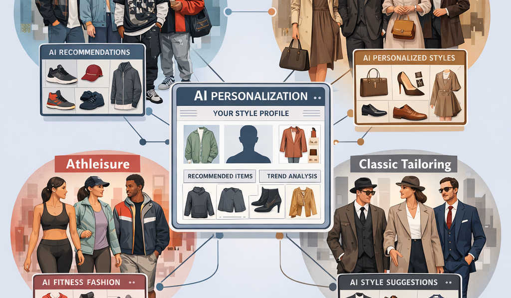 Data visualization of diverse fashion shoppers clustered into style tribes with labels like streetwear quiet luxury athleisure and classic tailoring c-1