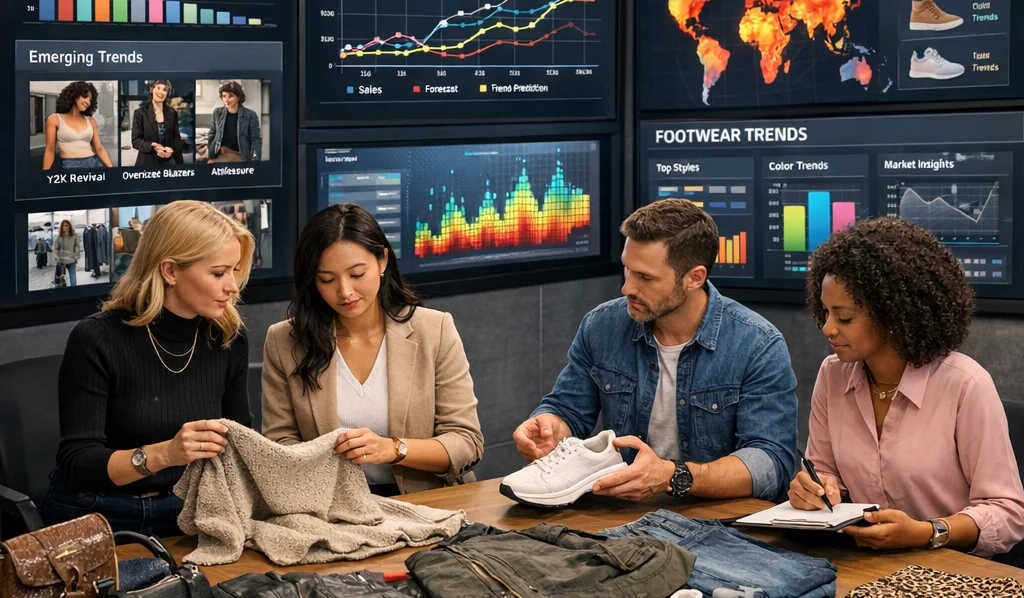 A modern fashion merchandising studio with large wall screens showing AI-powered trend forecasting dashboards for apparel and footwear while merchandisers review physical samples on a central table.