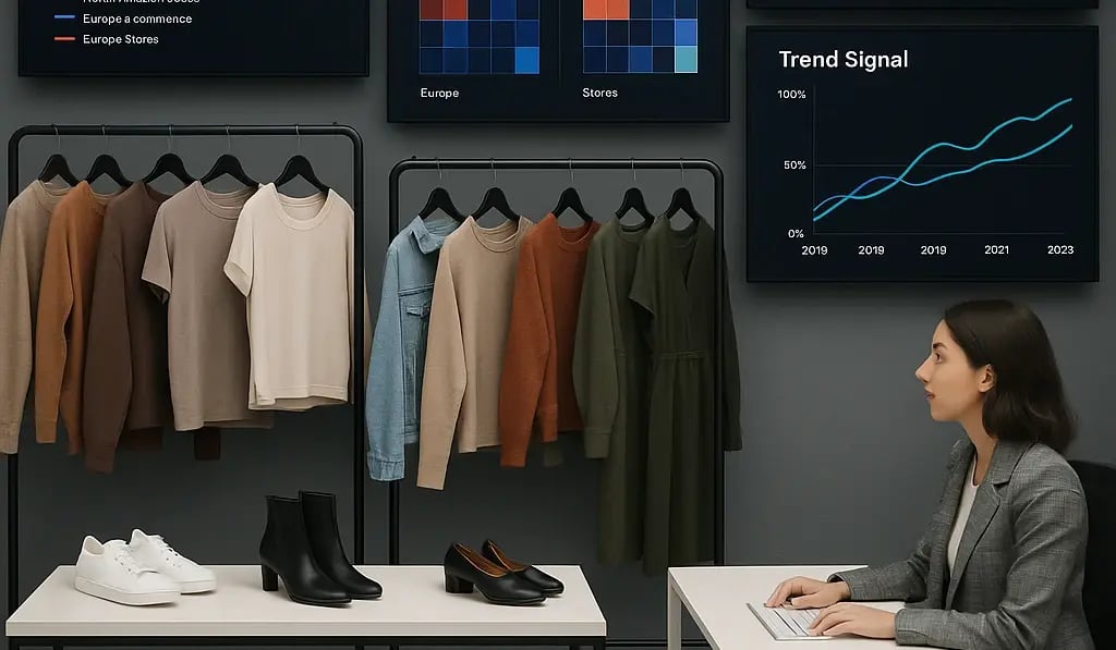 A fashion merchandising command center wall displays show AIgenerated apparel size curves by region and channel allocation heatmaps and trend signals