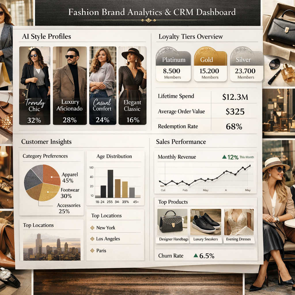A premium fashion brand analytics dashboard displaying AI-generated style profiles and loyalty tiers for apparel, footwear, and luxury customers alongside lifestyle imagery of shoppers and outfits.