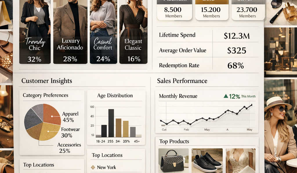 A premium fashion brand analytics dashboard displaying AI-generated style profiles and loyalty tiers for apparel, footwear, and luxury customers alongside lifestyle imagery of shoppers and outfits.