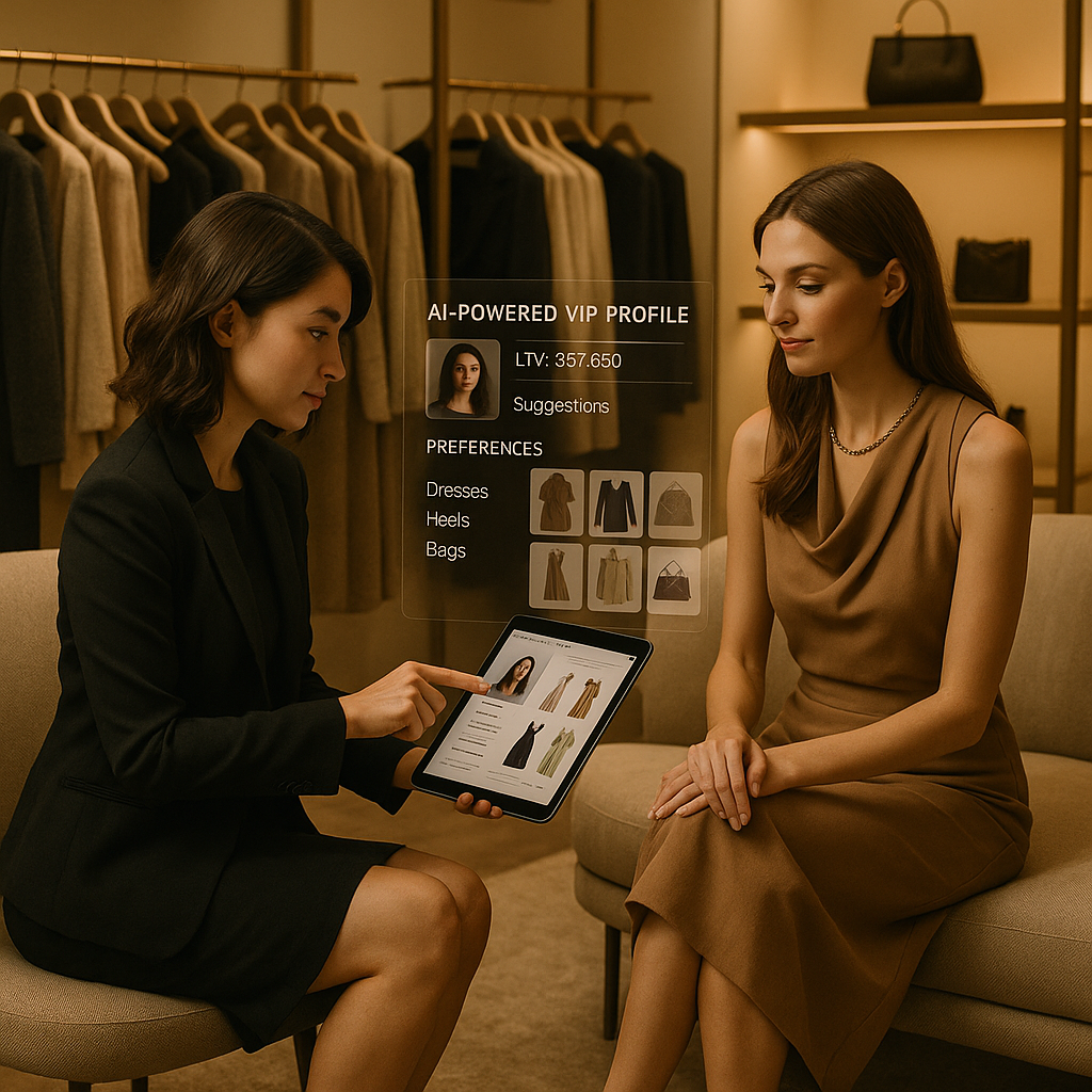 Luxury boutique stylist using a tablet with an AI VIP profile and personalized looks; elegant lounge and racks in background.
