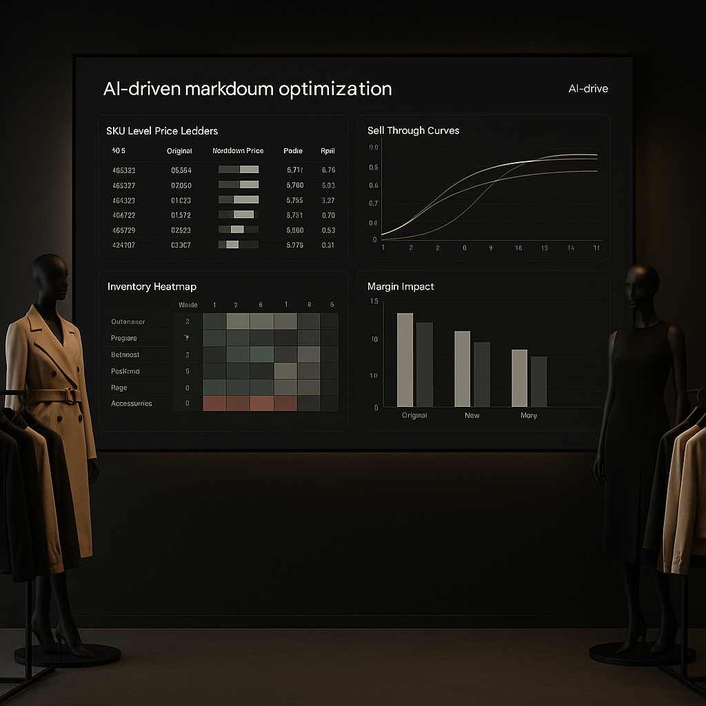 A premium merchandising dashboard with AI markdown ladders, sell-through curves, and inventory heatmaps in a fashion studio.