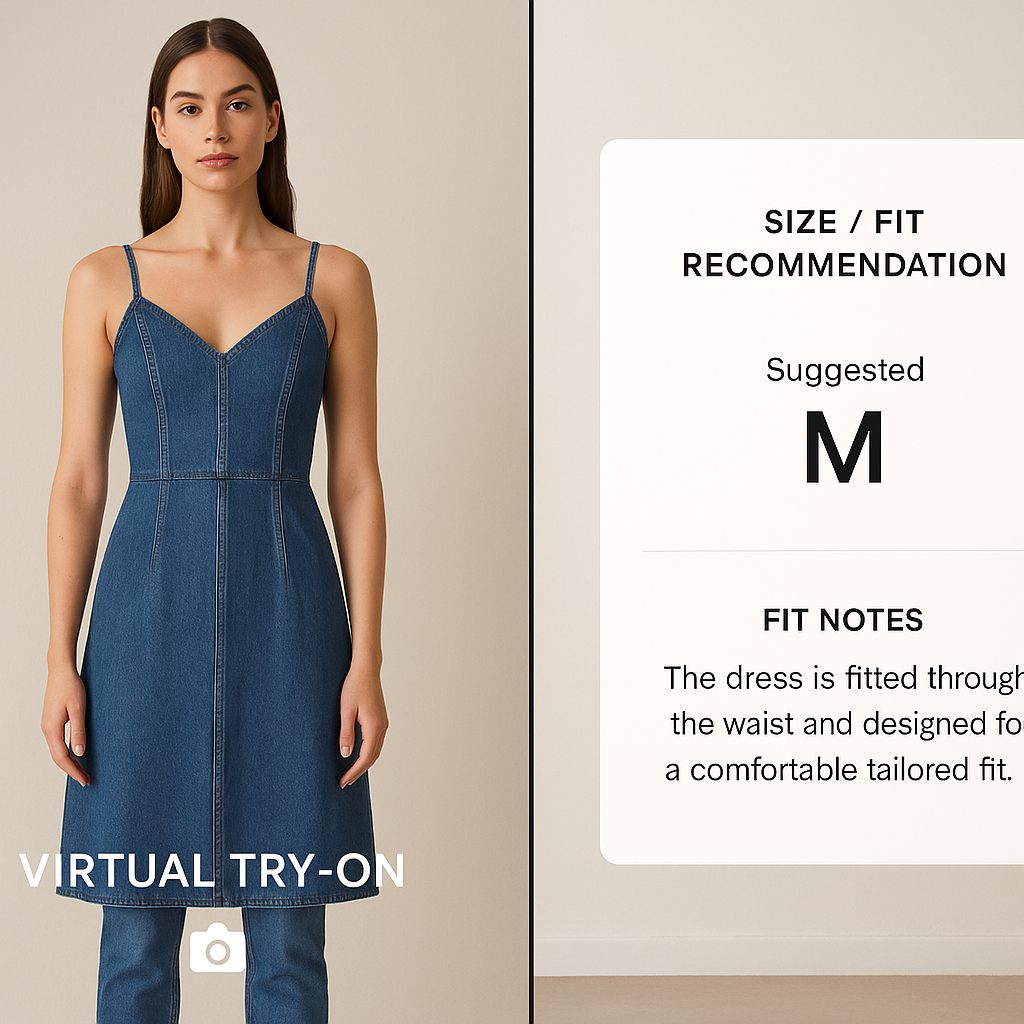 Split-screen UI: virtual try-on on the left and a size/fit recommendation card on the right in a premium fashion app.
