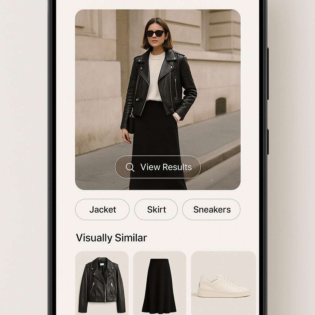 Mobile fashion e-commerce UI comparing visual search results to text search with similar garments displayed.