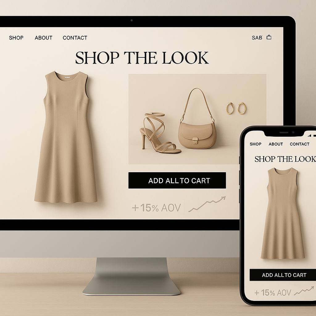 Desktop and mobile fashion storefront showing an AI “Shop the Look” outfit with coordinated items and an AOV uplift indicator.