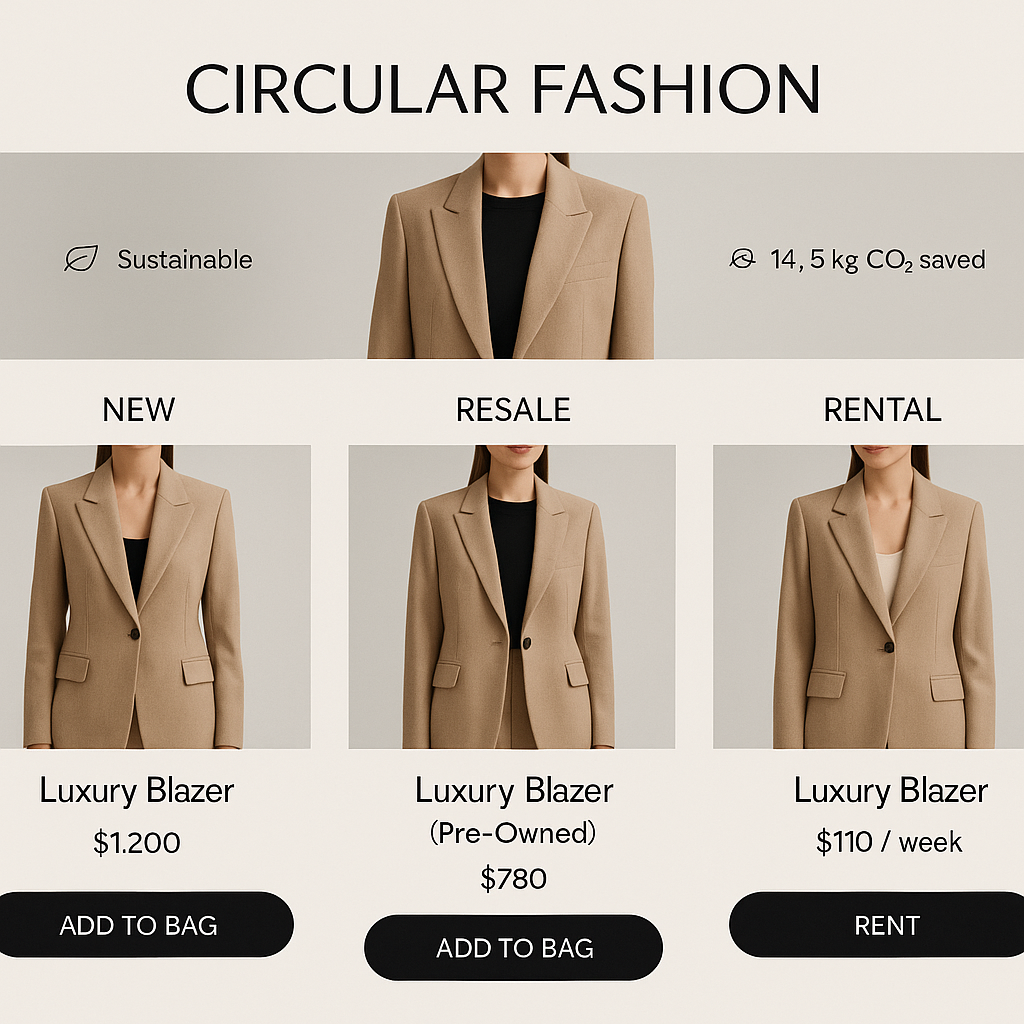 Fashion e-commerce UI showing new, resale, and rental recommendations side-by-side with sustainability indicators.