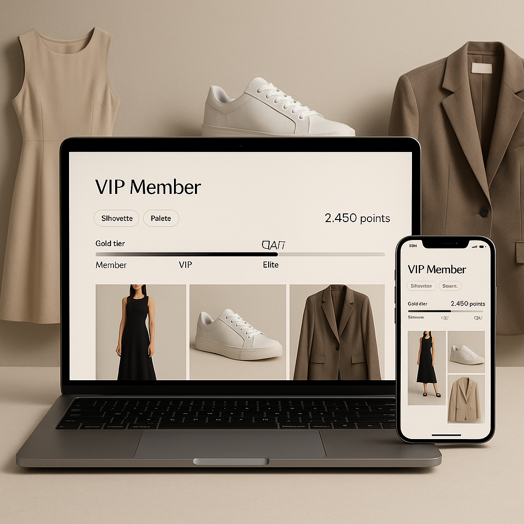 Laptop and phone showing a fashion loyalty dashboard with VIP tiers and style profile tags in a premium retail setting.