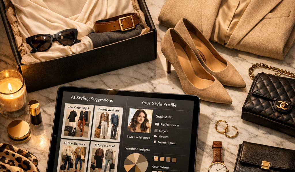 A premium fashion subscription unboxing scene on a marble table with curated apparel, footwear and accessories next to a tablet showing AI styling recommendations and a style profile dashboard.