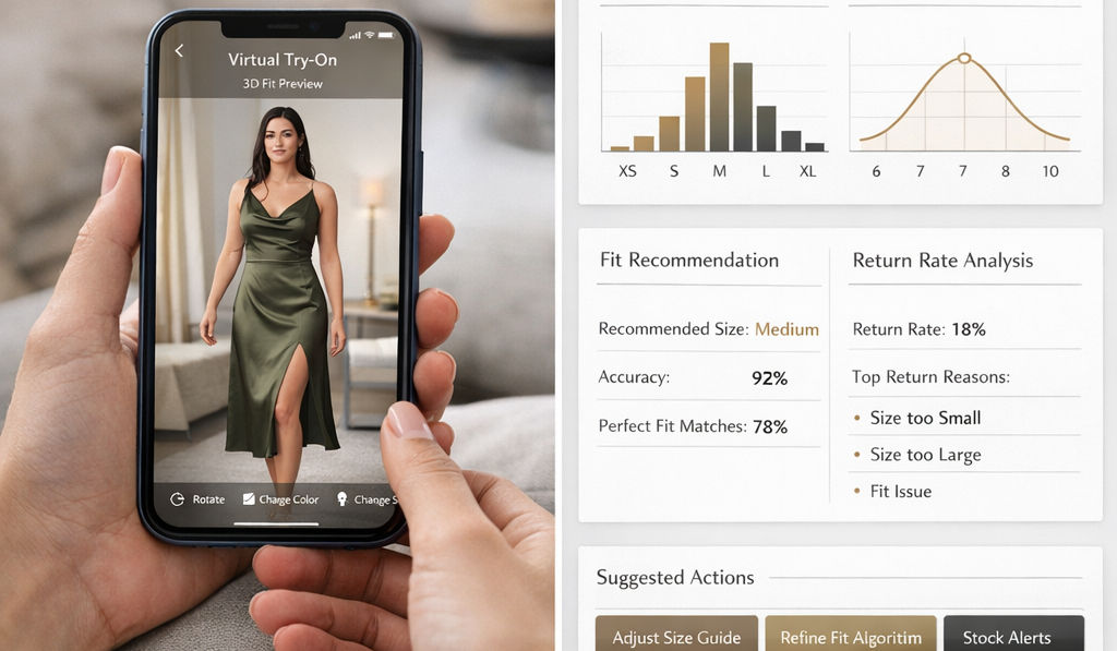 A premium fashion e-commerce split-screen showing a shopper using 3D virtual try-on on a smartphone beside an AI size and fit analytics dashboard for apparel and footwear.
