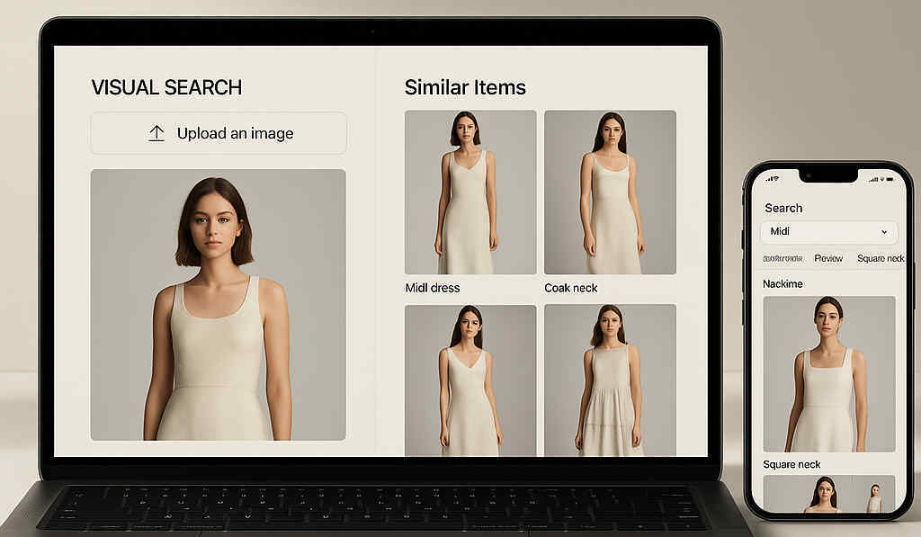Fashion e-commerce studio showing side-by-side visual search and text search with fashion facets on laptop and phone.