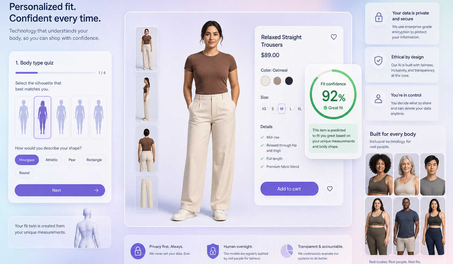 The image depicts a sleek, modern e-commerce interface showcasing a digital representation of a model that mirrors the user's body shape. 
