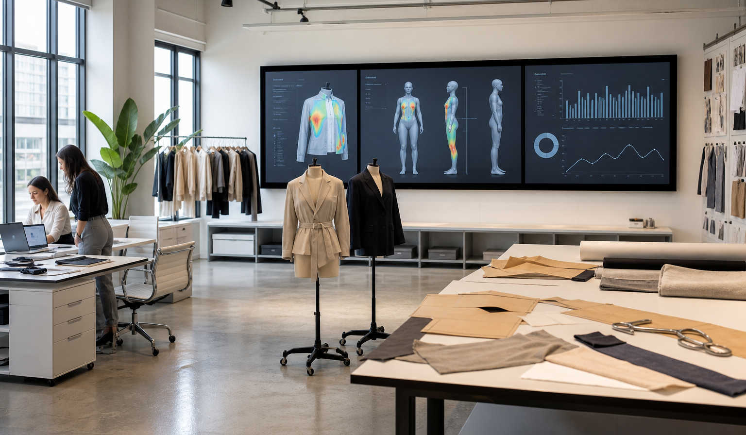 A modern fashion design studio with large screens showing 3D garments, fit heatmaps and AI analytics on returns, surrounded by mannequins and apparel samples.