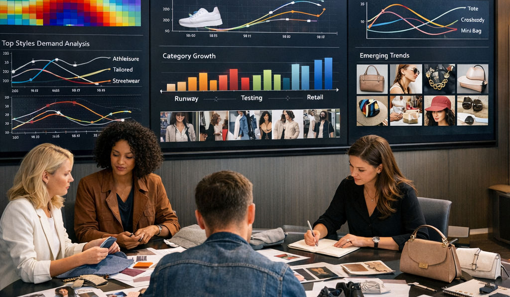 A modern fashion merchandising studio with large screens showing AI-powered trend forecasting dashboards and merchandisers reviewing apparel and footwear samples on a central table.