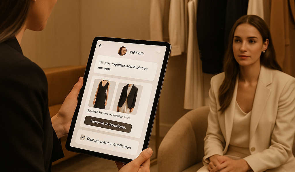 Luxury boutique scene with a stylist holding a tablet that shows a chat-to-checkout clienteling flow, curated outfits, and reserve-in-boutique options.
