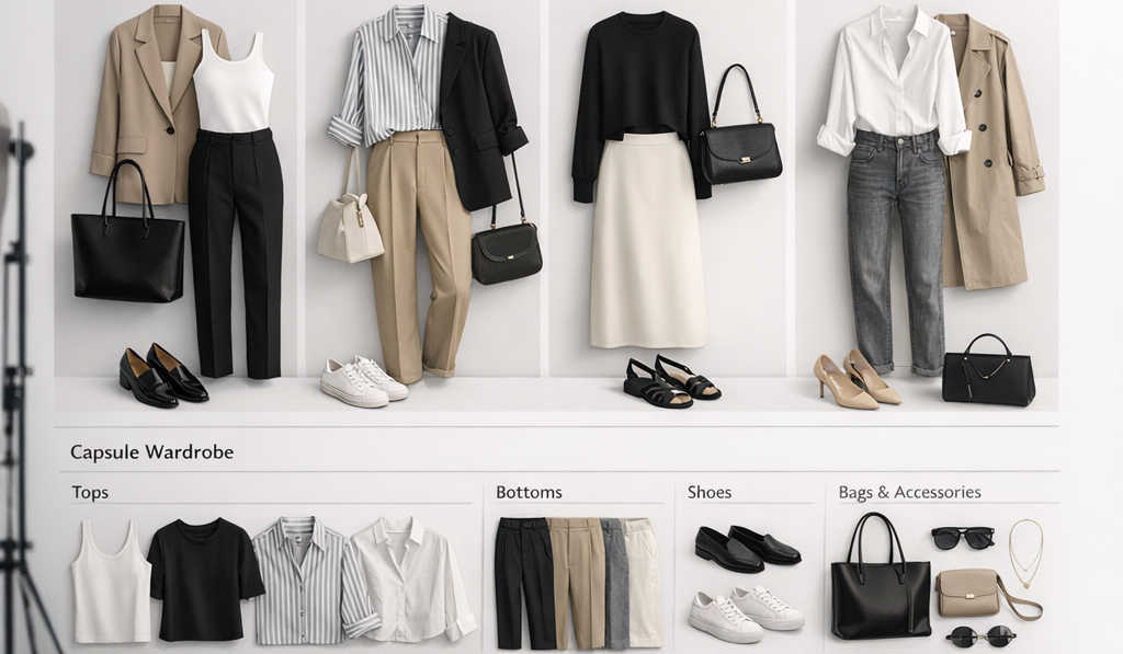 A digital fashion studio screen showing an AI-powered capsule wardrobe planner for a DTC fashion brand, with mix-and-match outfits arranged into a cohesive capsule.
