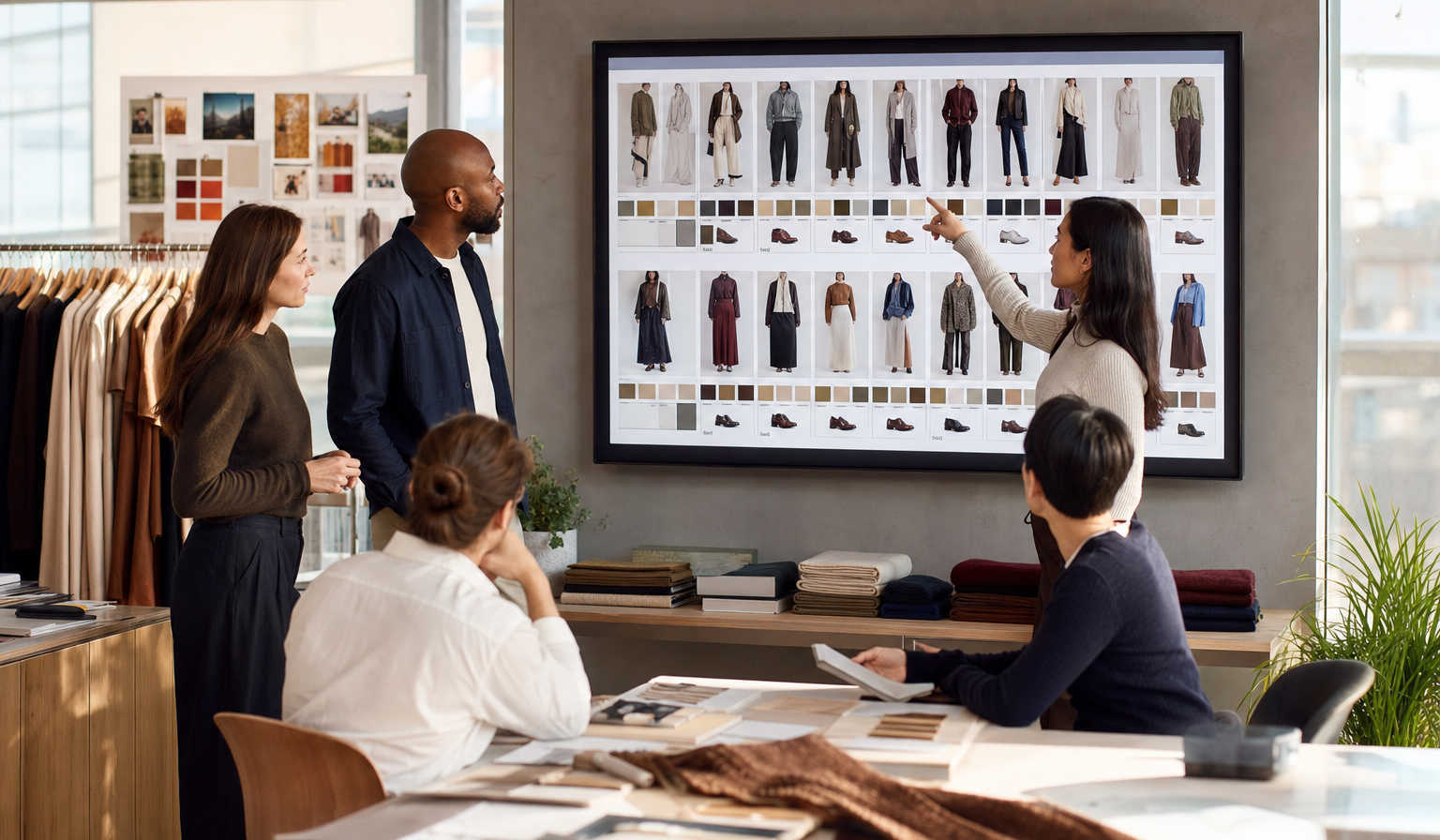 A fashion merchandising team in a modern studio reviewing AI-generated capsule wardrobe assortments and colour stories on large dashboards, with coordinated apparel racks and seasonal mood boards around them.