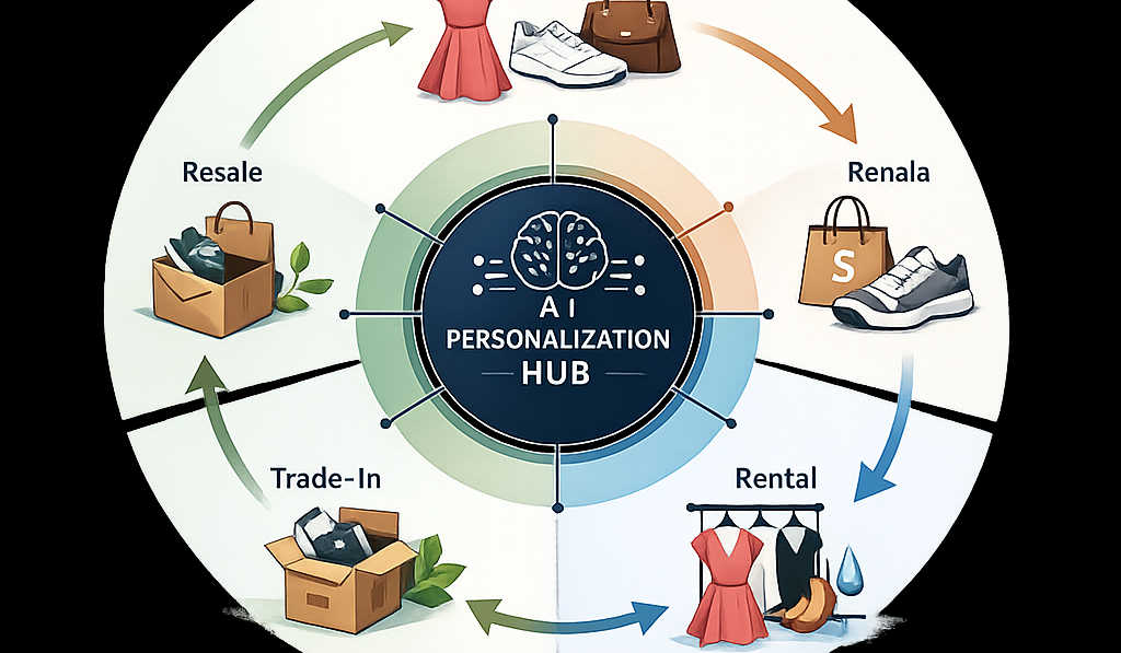 A circular fashion journey diagram showing new purchases, resale, rental, and trade-in loops connected by an AI personalization hub for apparel and footwear brands.