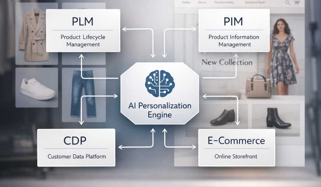 A modern fashion technology architecture diagram showing PLM, PIM, CDP, and ecommerce blocks connected to an AI personalization engine overlaid on apparel and footwear product thumbnails.