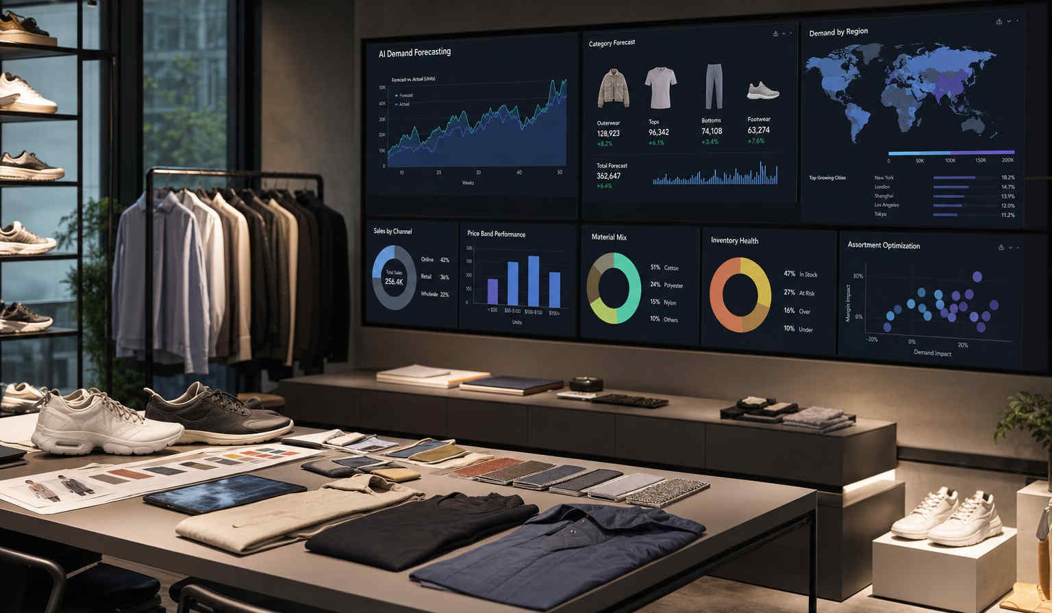 A modern fashion merchandising analytics room with large screens showing AI demand forecasting dashboards and apparel and footwear samples around the space.