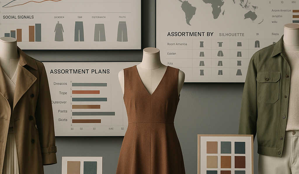 Fashion merchandising war room with dashboards of AI trend trajectories and assortment plans by silhouette and region.