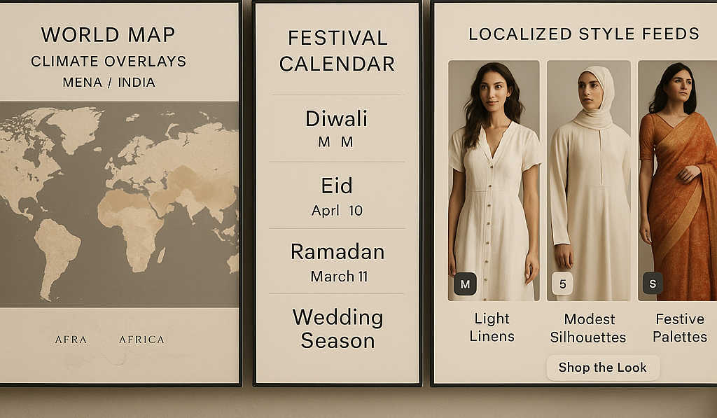 Personalization command center with climate overlays for MENA and India, festival calendars, and localized style feeds showing size badges and “shop the look.”