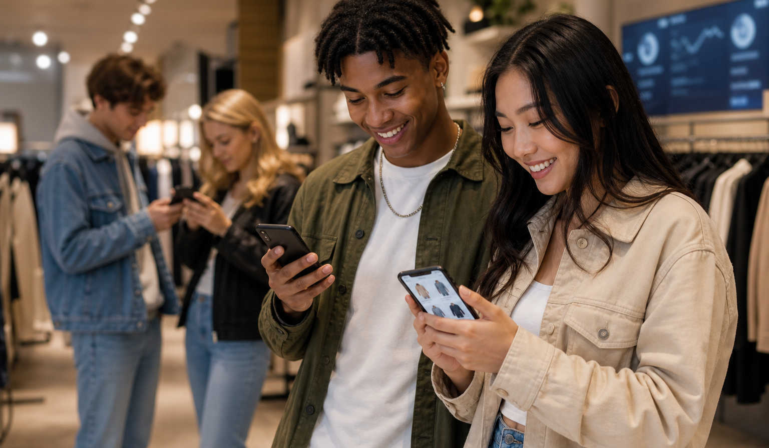 Gen Z fashion shoppers in a modern boutique browsing personalized AI-powered style feeds on their smartphones, with apparel racks and analytics dashboards visible in the background.