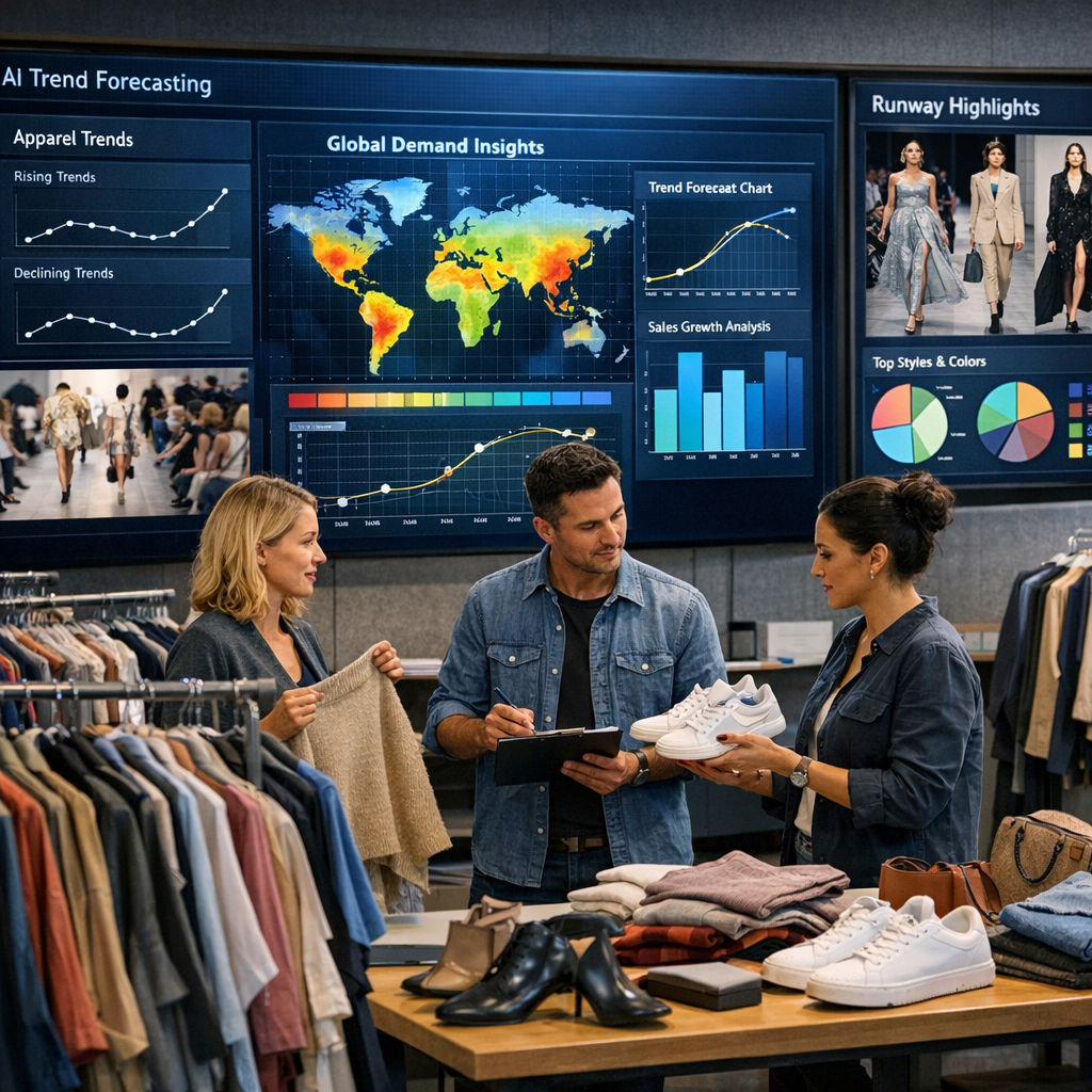 A global fashion merchandising studio with large digital screens displaying AI trend forecasting dashboards for apparel and footwear while merchandisers plan assortments with sample racks in the foreground.