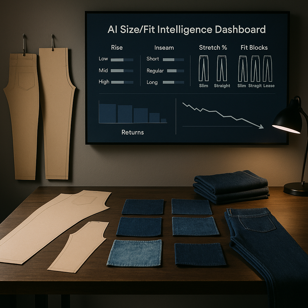 Denim studio with AI size/fit dashboard (rise, inseam, stretch) and downward returns trend; swatches and pattern blocks visible.