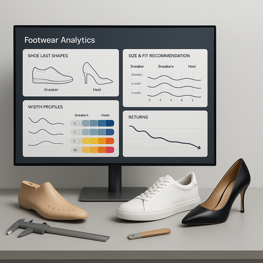 Footwear analytics studio with dashboards of last shapes and width profiles, a size/fit heatmap, and premium shoes on display.