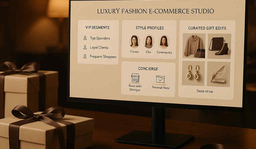 Luxury fashion gifting workspace showing VIP profiles, curated gift edits, and concierge options with elegant packaging.
