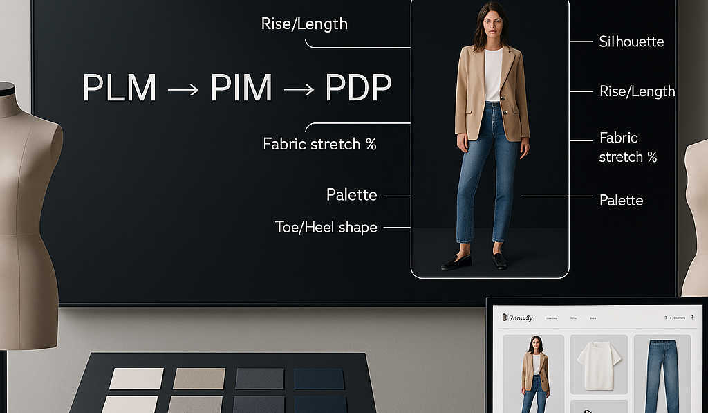Fashion tech architecture scene showing PLM → PIM → PDP flow diagram feeding a personalized style feed UI, with mannequins and fabric swatches in a modern studio.